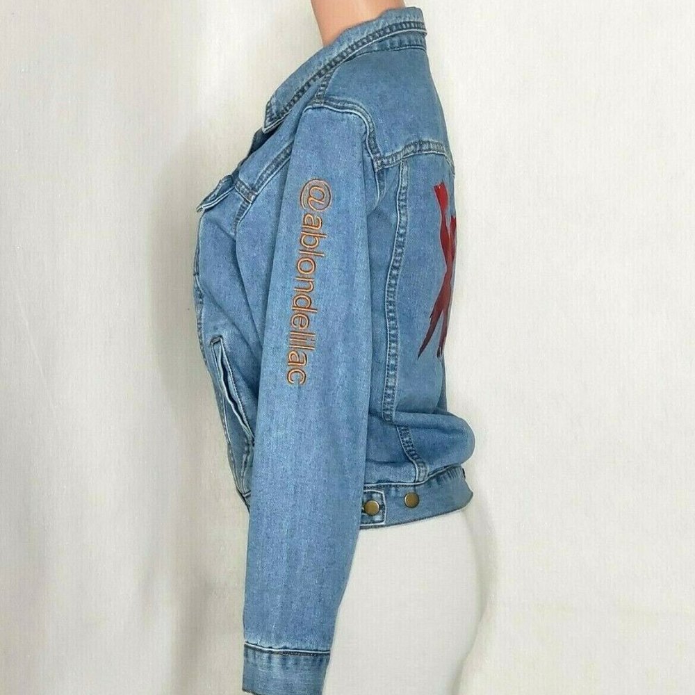 SSY Jeans Medium? Denim Distressed Jean Jacket Embroidered Red Flame X Punk - Picture 3 of 8